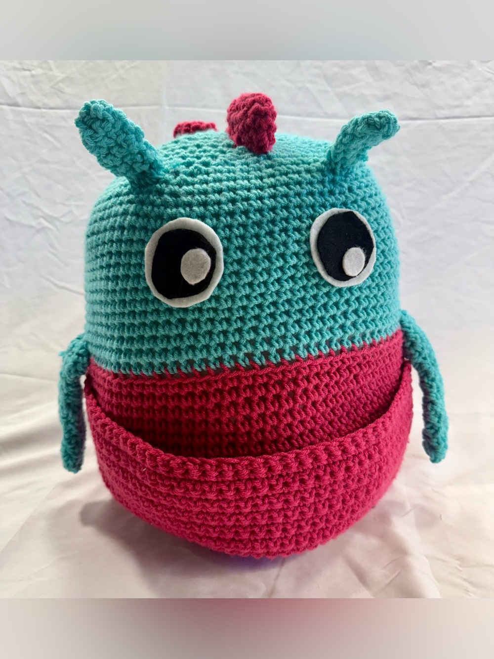 Handmade 14” Crochet Stuffed Monster Plush Creature Teal & Pink w/ pocket
